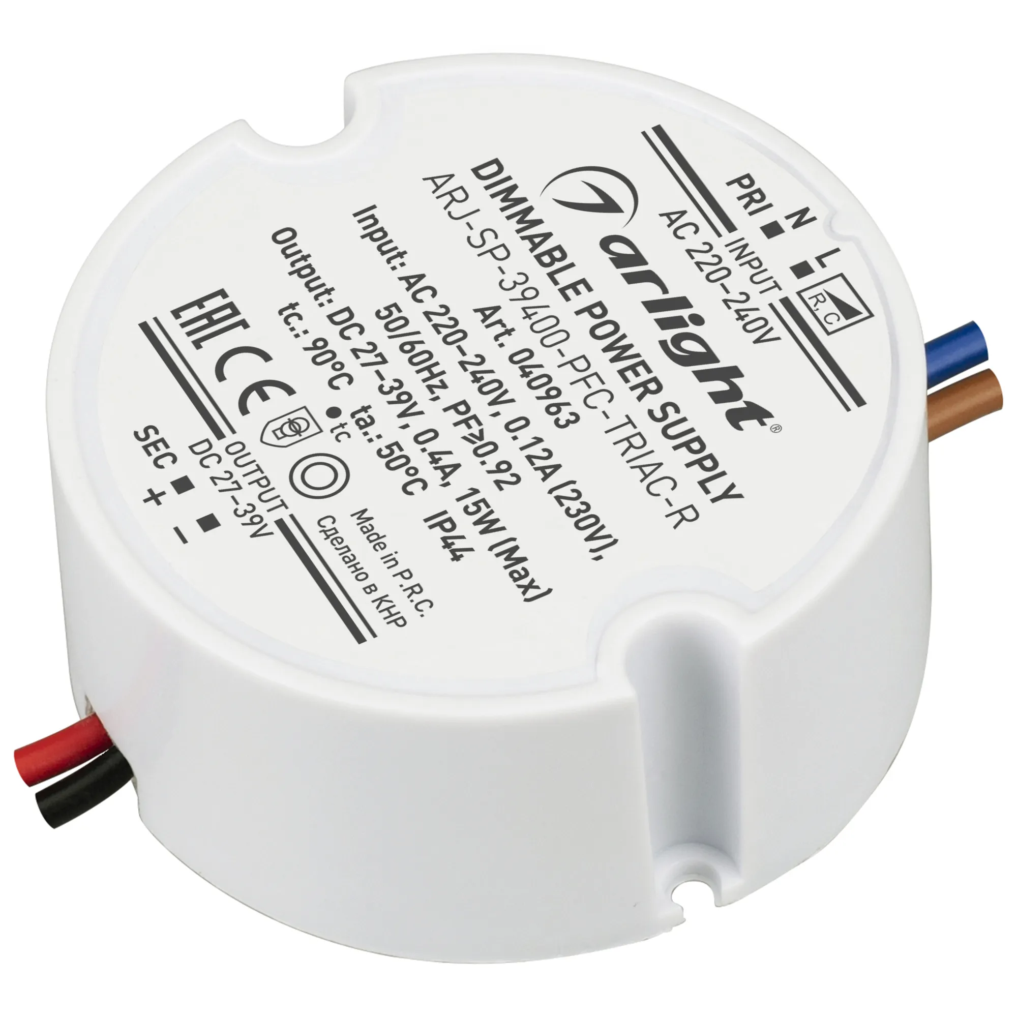 Блок питания ARJ-SP-39400-PFC-TRIAC-R (15W, 27-39V, 400mA) (Arlight, IP44 Пластик, 5 лет) - Изображение
