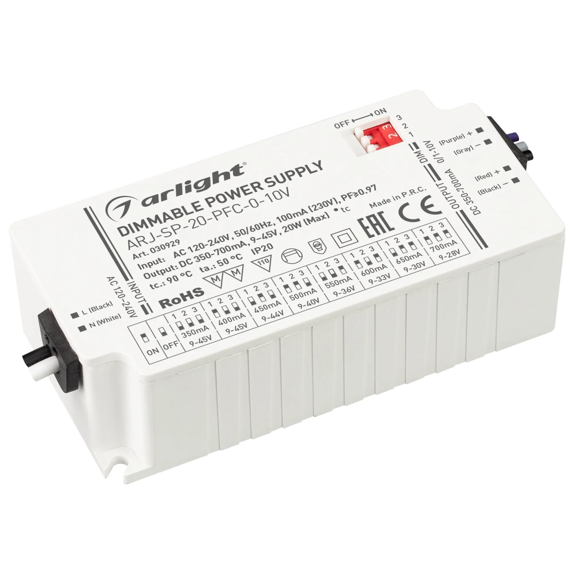 Блок питания ARJ-SP-20-PFC-0-10V (20W, 350-700mA) (Arlight, IP20 Пластик, 5 лет) - Изображение