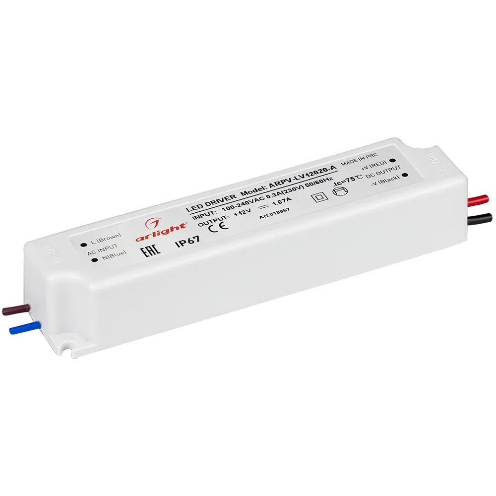 Блок питания ARPV-LV12020-A (12V, 1.7A, 20W) (Arlight, IP67 Пластик, 3 года) - Изображение
