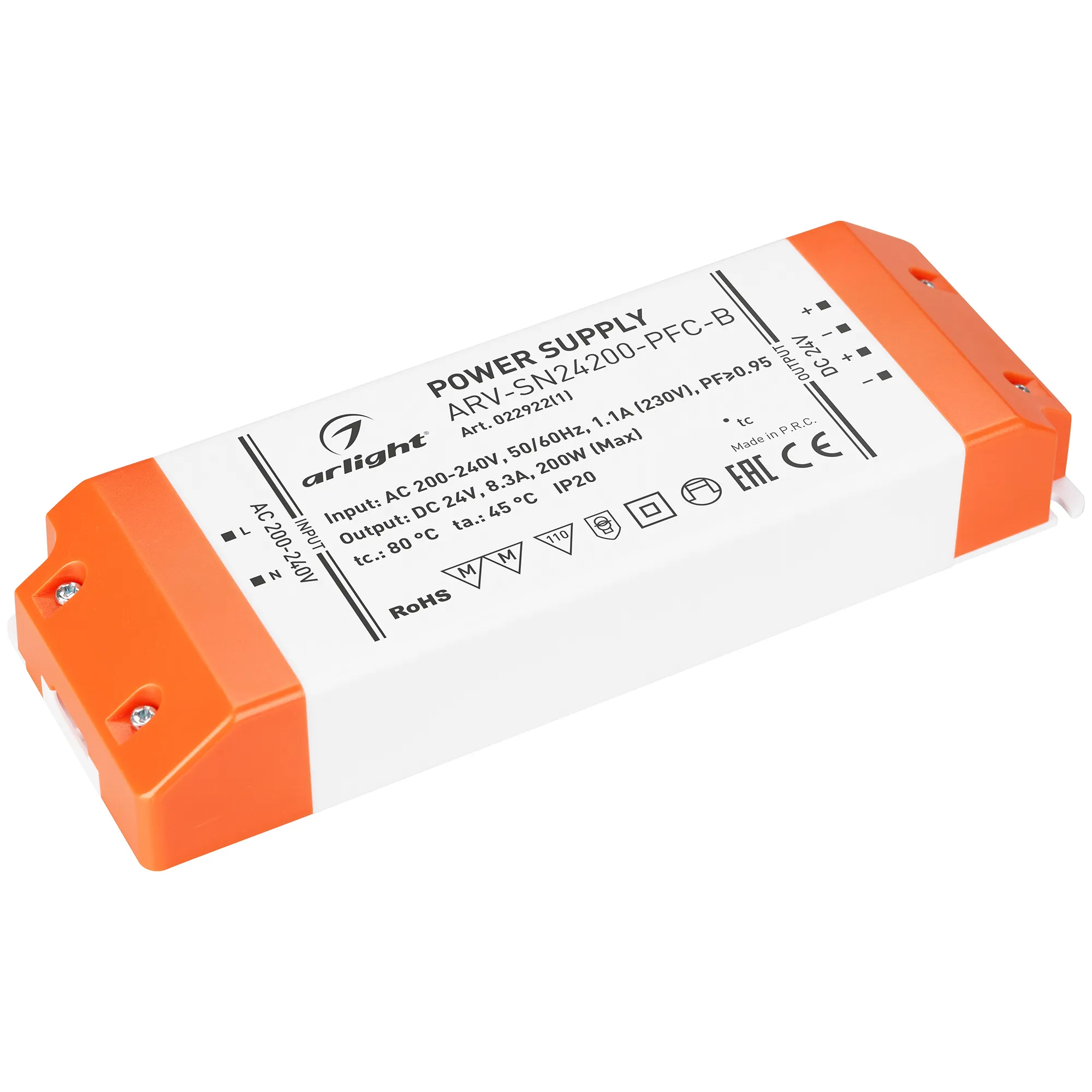 Блок питания ARV-SN24200-PFC-B (24V, 8.3A, 200W) (Arlight, IP20 Пластик, 3 года) - Изображение
