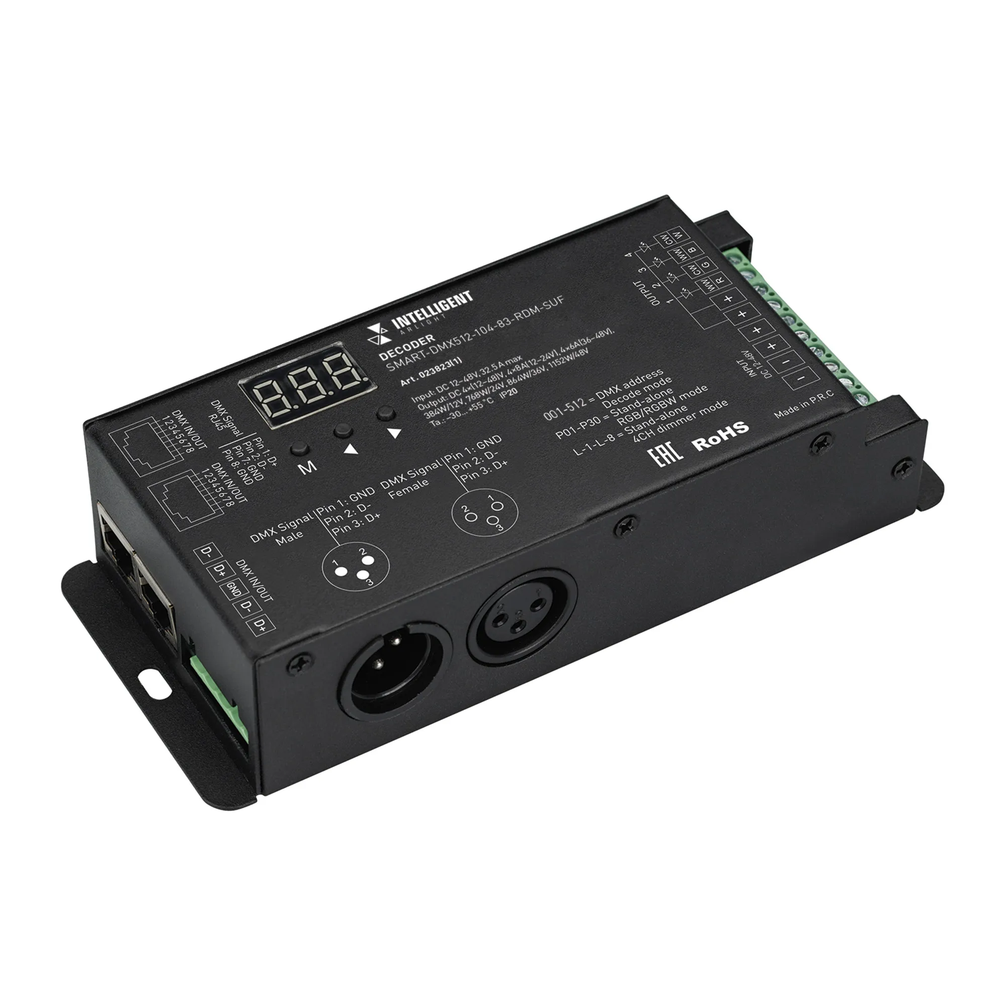 INTELLIGENT ARLIGHT Декодер SMART-DMX512-104-83-RDM-SUF (12-48V, 4x8A, XLR3/RJ45) (IARL, IP20 Металл, 5 лет) - Изображение