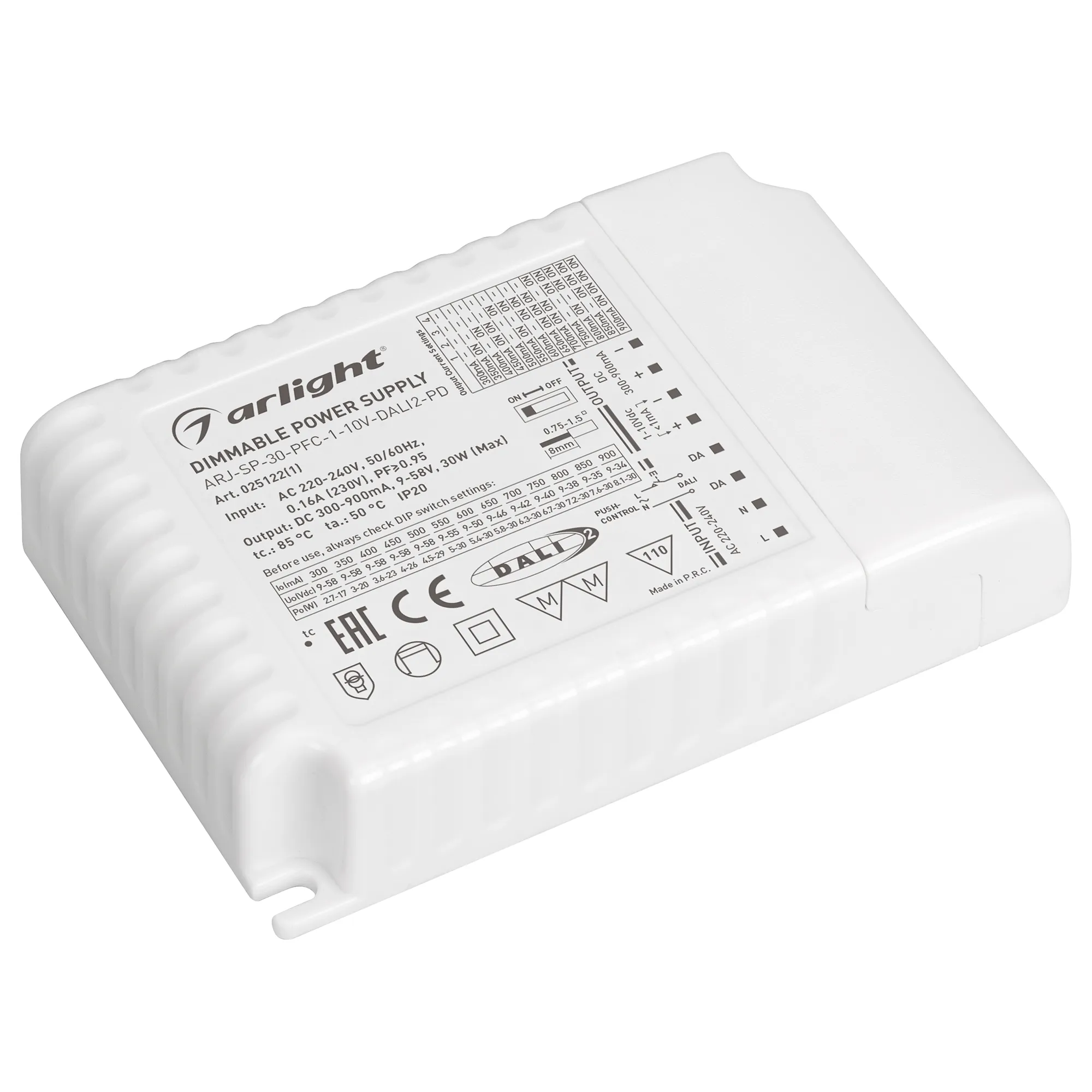 Блок питания ARJ-SP-30-PFC-1-10V-DALI2-PD (30W, 300-900mA) (Arlight, IP20 Пластик, 5 лет) - Изображение