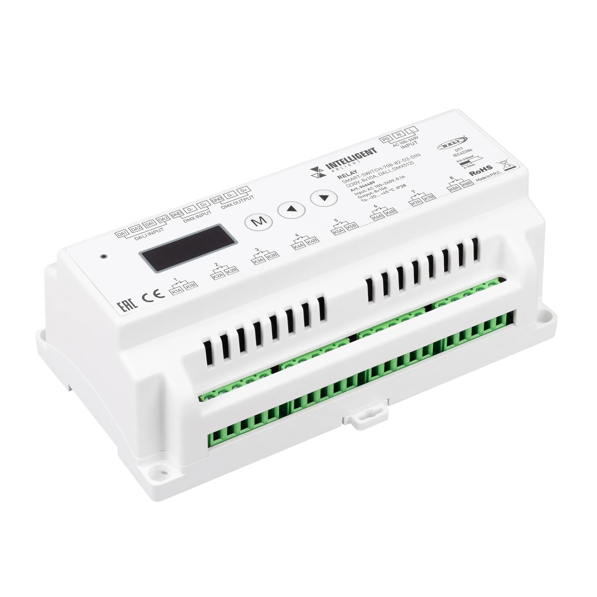 INTELLIGENT ARLIGHT Релейный модуль SMART-SWITCH-708-82-D2-DIN (230V, 8x10A, DALI, DMX512) (IARL, IP20 Пластик, 5 лет) - Изображение