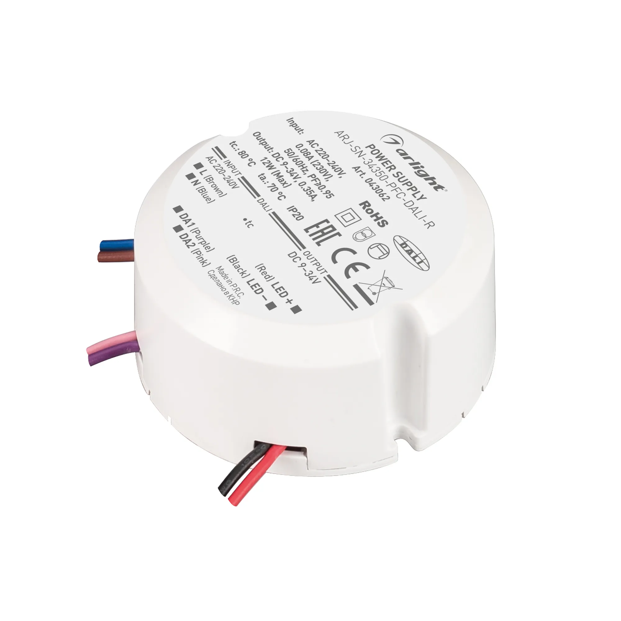 Блок питания ARJ-SN-34350-PFC-DALI-R (12W, 9-34V, 0.35A) (Arlight, IP20 Пластик, 3 года) - Изображение