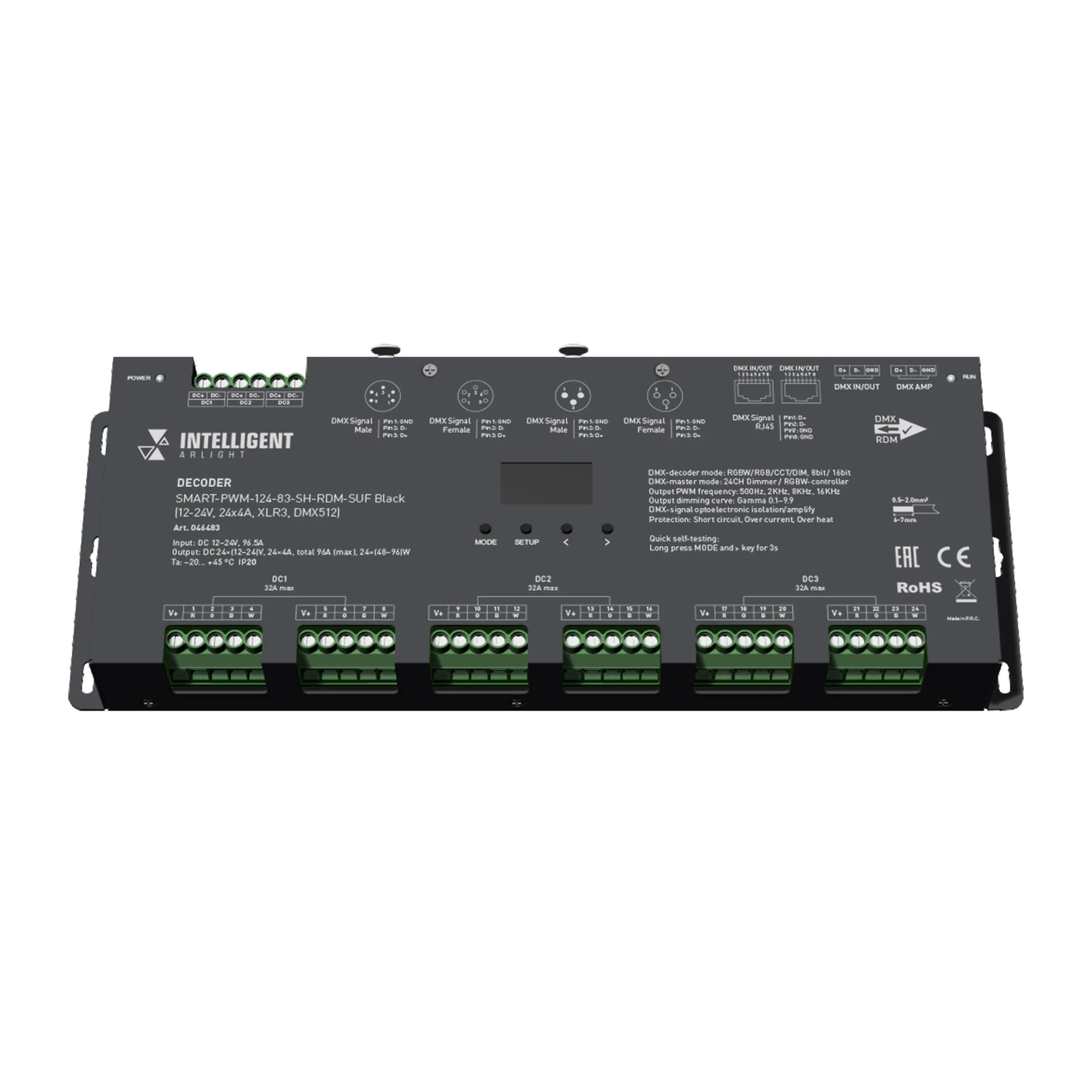 INTELLIGENT ARLIGHT Декодер SMART-PWM-124-83-SH-RDM-SUF Black (12-24V, 24x4A, XLR3, DMX512) (Arlight, IP20 Металл, 5 лет) - Изображение