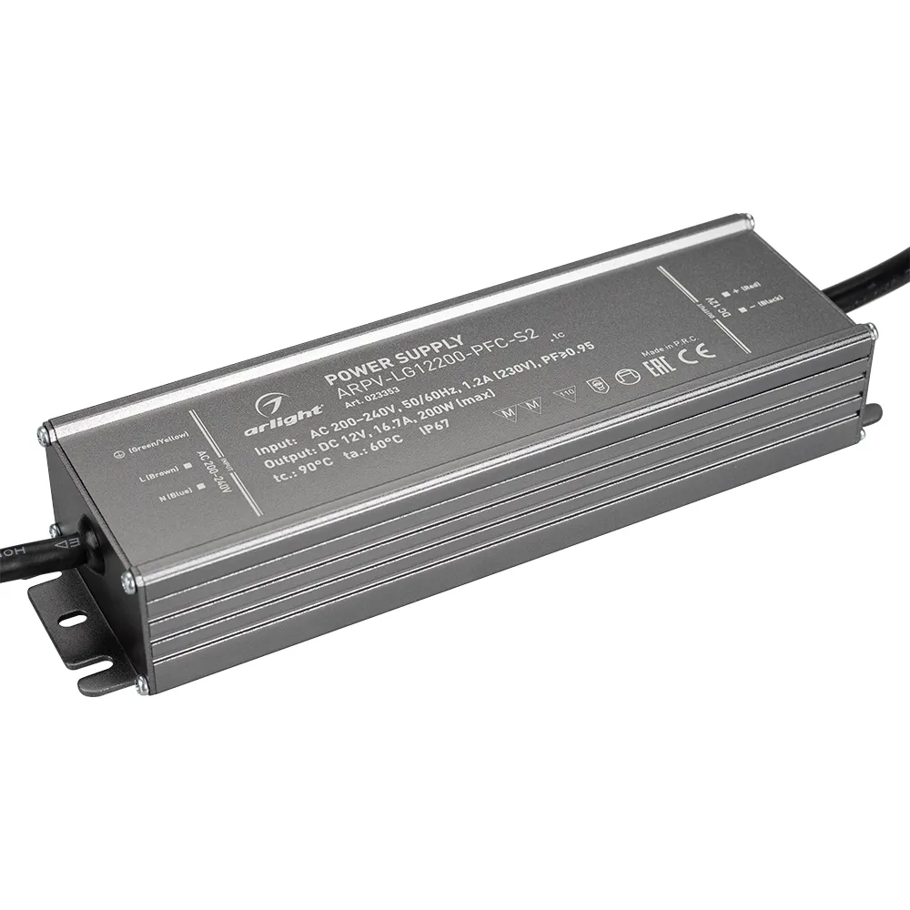 Блок питания ARPV-LG12200-PFC-S2 (12V, 16.7A, 200W) (Arlight, IP67 Металл, 5 лет) - Изображение