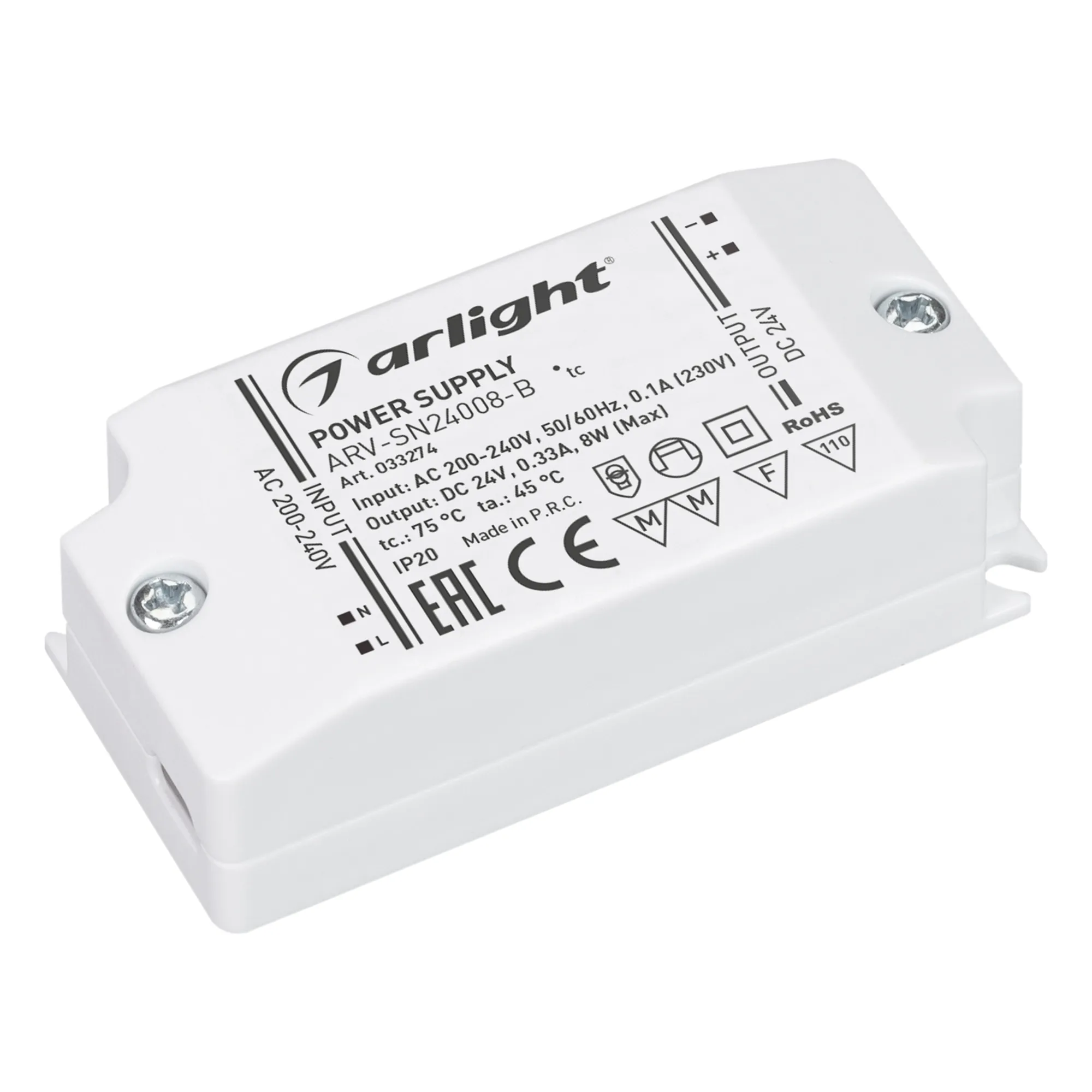 Блок питания ARV-SN24008-B (24V, 0.33A, 8W) (Arlight, IP20 Пластик, 3 года) - Изображение